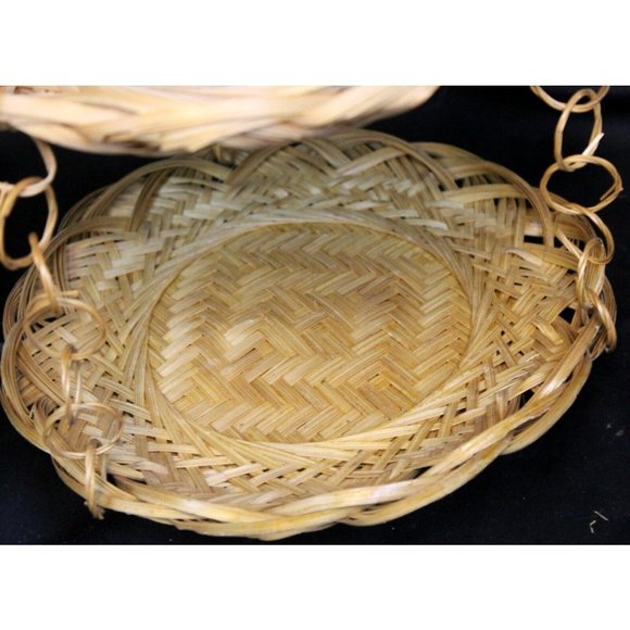 Vtg Boho Tan Beige Woven Bamboo 3 Tiered 19" Hanging Fruit Kitchen Plate Basket - Picture 11 of 11